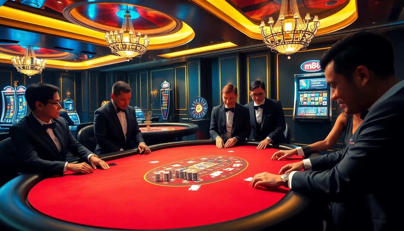 High-stakes poker game at m88 casino with vibrant atmosphere and professional players.