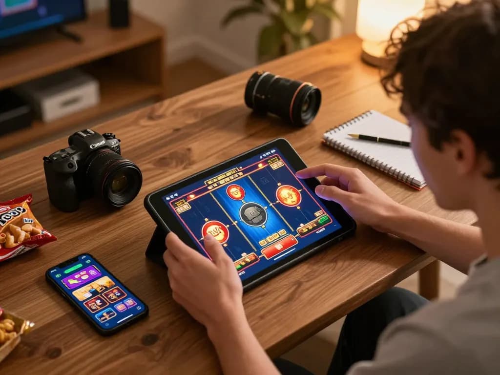 Player engages with gg88 slot games on a tablet in a cozy home setting, showcasing exciting moments of online gambling.