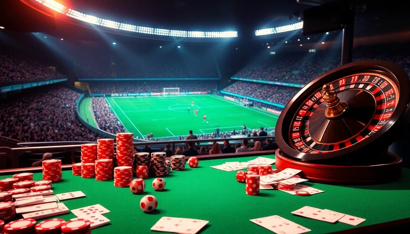 Engaging scene of judi bola betting with colorful poker chips and football betting slips on a luxurious table.