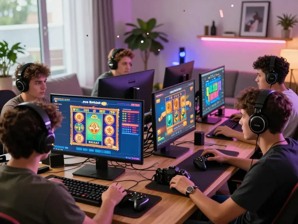 Engaged players enjoying rusuntogel online gaming experience in a vibrant living room setting.