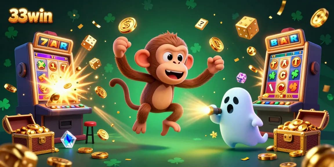 Experience the excitement of 33win with a playful ghost-hunter puppy tracking a mischievous monkey in a vibrant casino setting.