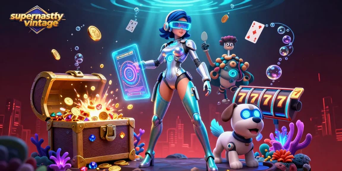 Play and win with supernastyvintage's vibrant 3D casino illustration showcasing slot reels and treasures.