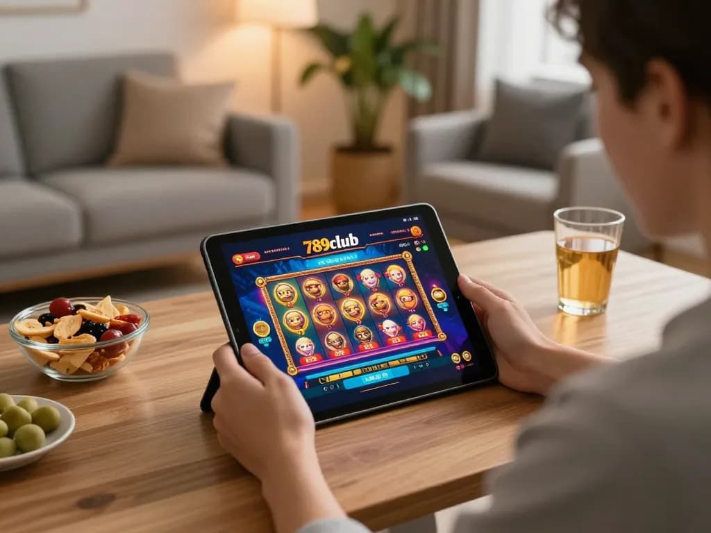 Engaging with 789club casino app on a tablet in a cozy home setting, highlighting online gambling.