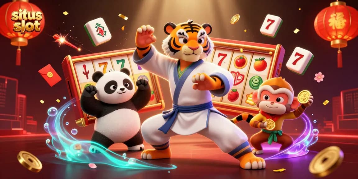 Experience situs slot excitement with a kung fu tiger and panda amid vibrant casino elements.