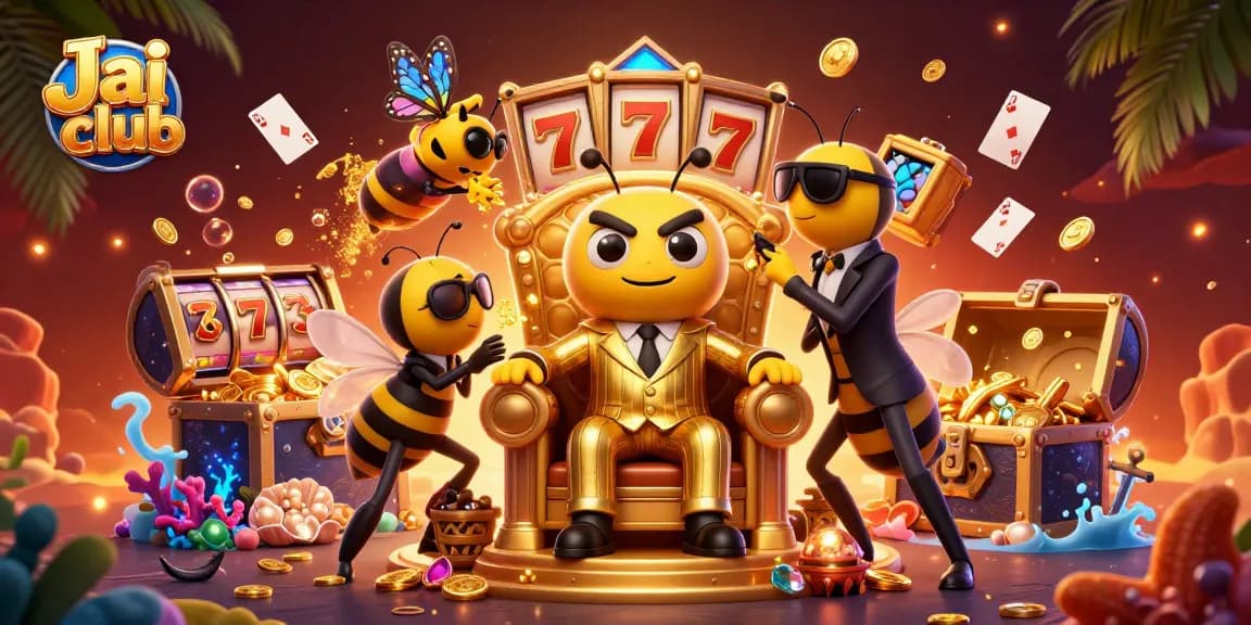 Engage with Jai club's vibrant casino world featuring a bumblebee mob boss and slot reels.