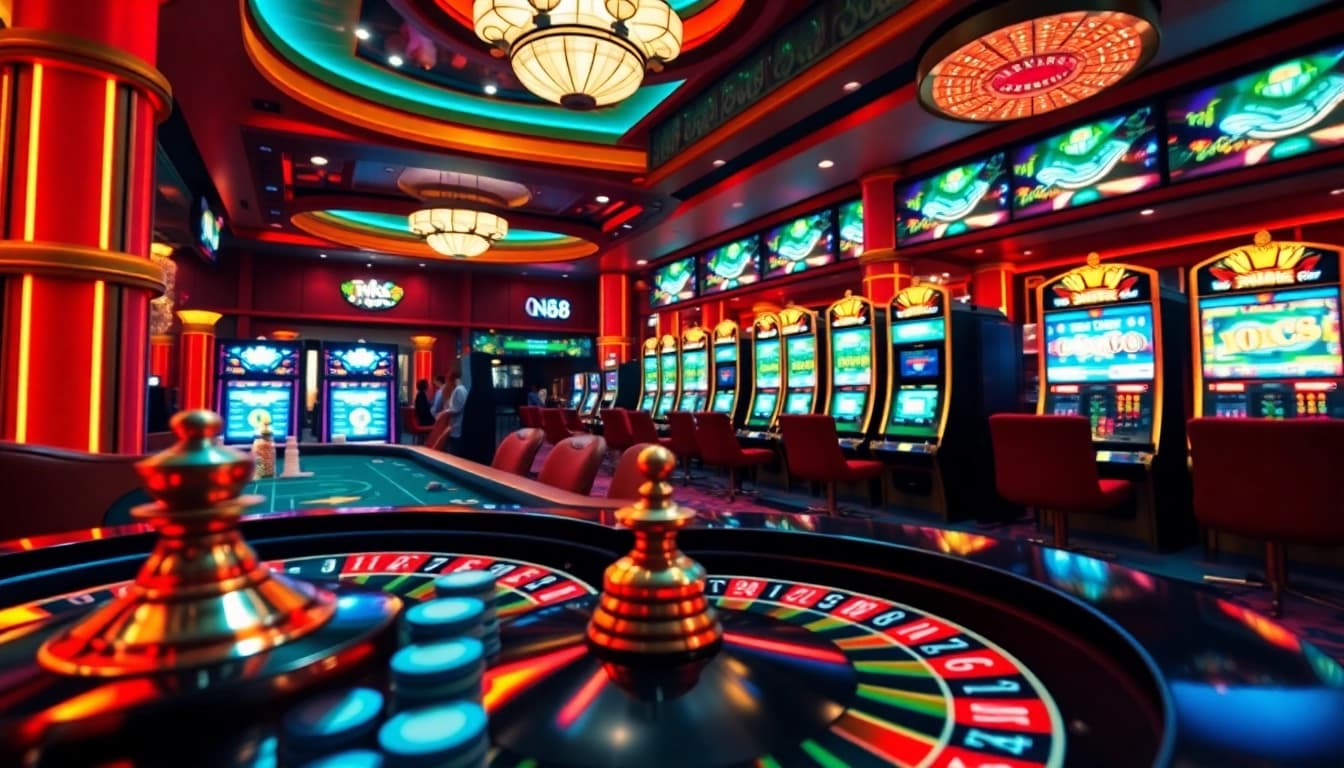 Experience the thrill of nk88 with a luxurious casino atmosphere featuring poker tables and slot machines.