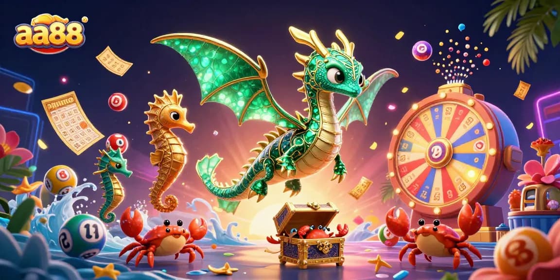 Play exciting games at aa88 with vibrant lottery elements and a magical treasure scene.