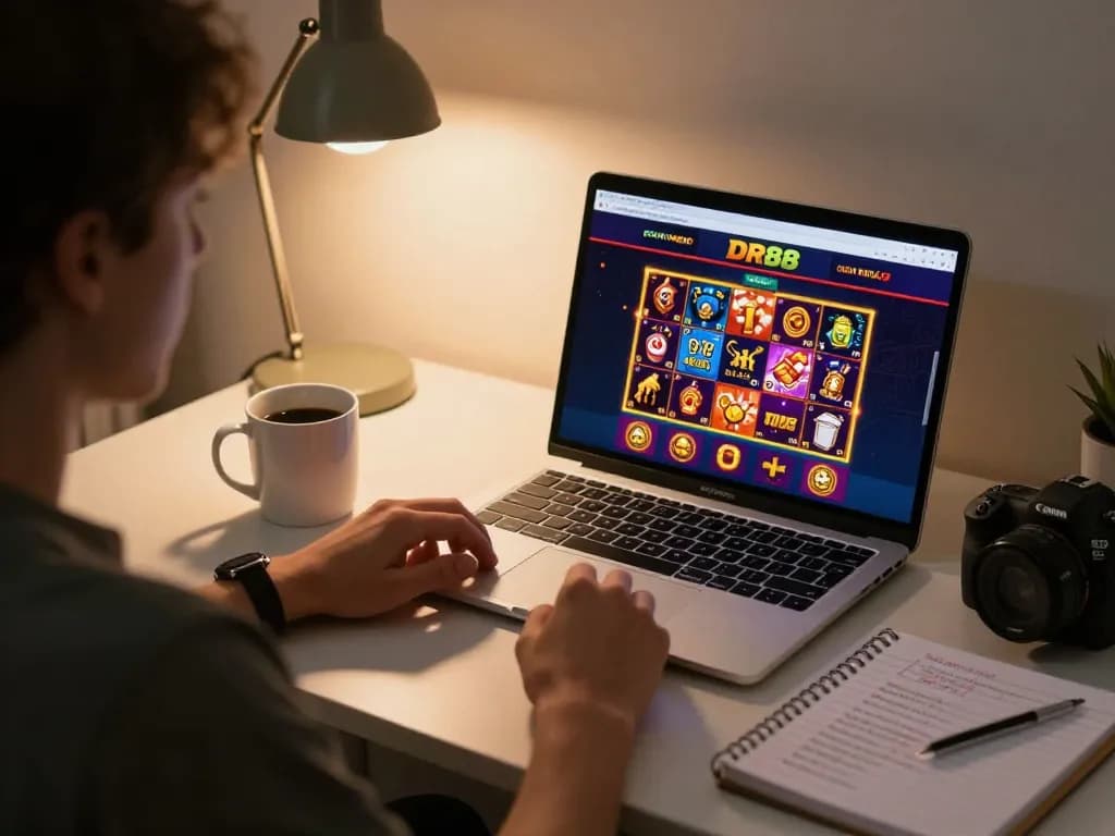 Player engaging with DR88 online casino platform, showcasing a laptop with vibrant gaming interface.