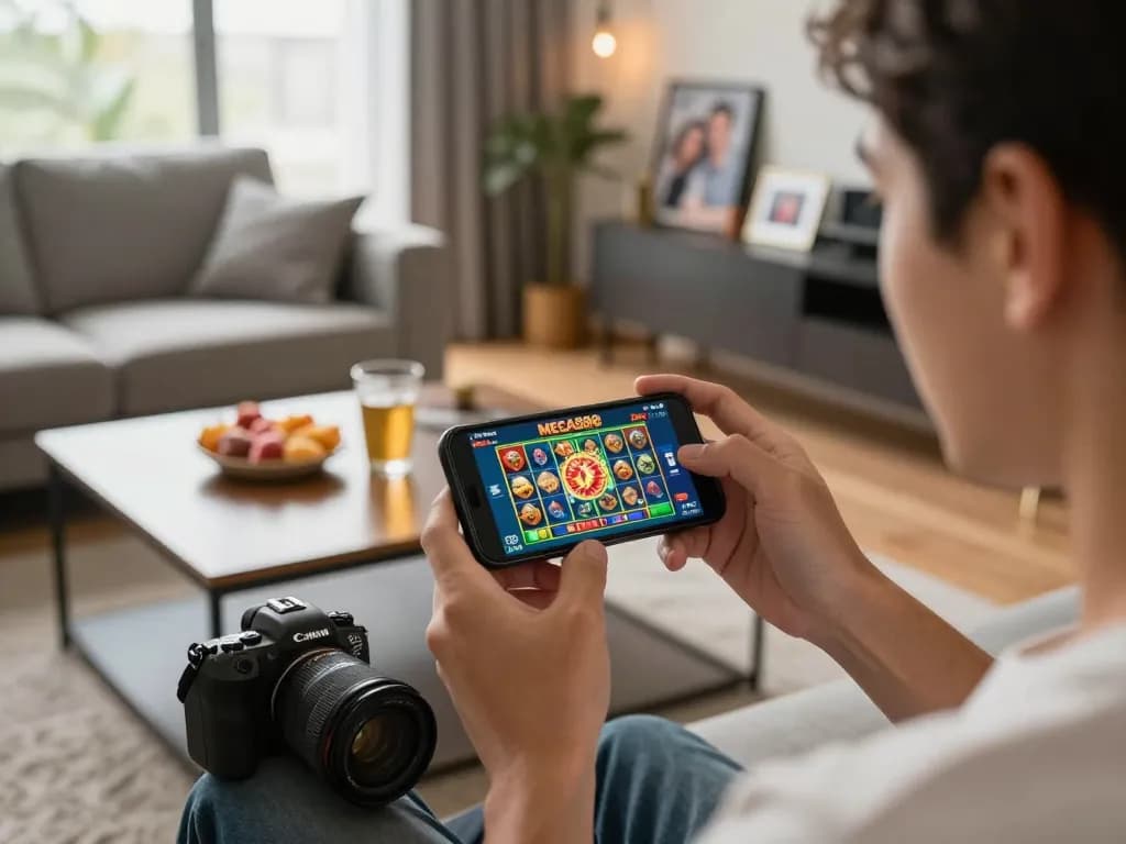 Engaging moment of a player exploring MEGA888 app on a smartphone in a cozy living room setting.