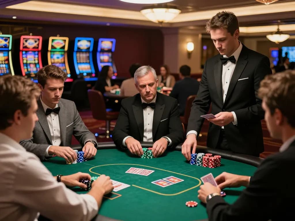 The debet poker game showcases players strategizing with chips and cards in a luxurious casino setting.