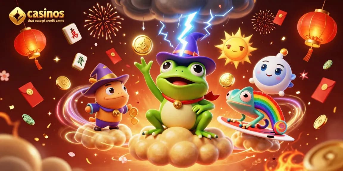 Explore casinos that accept credit cards through an enchanting scene of a wizard frog and chameleon amidst a storm of gold.