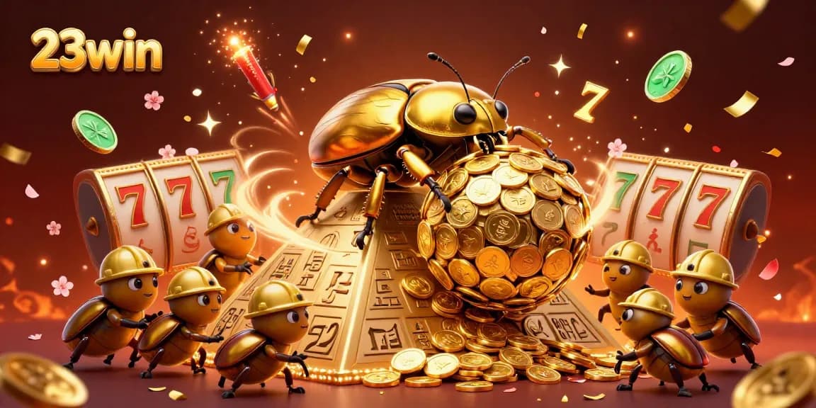 Win big at 23win with golden beetles rolling coins amidst vibrant casino symbols.