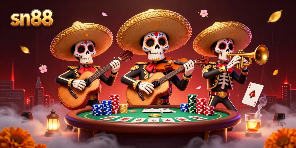 Engage with sn88 at the poker table as vibrant skeleton musicians celebrate winnings with colorful visuals.