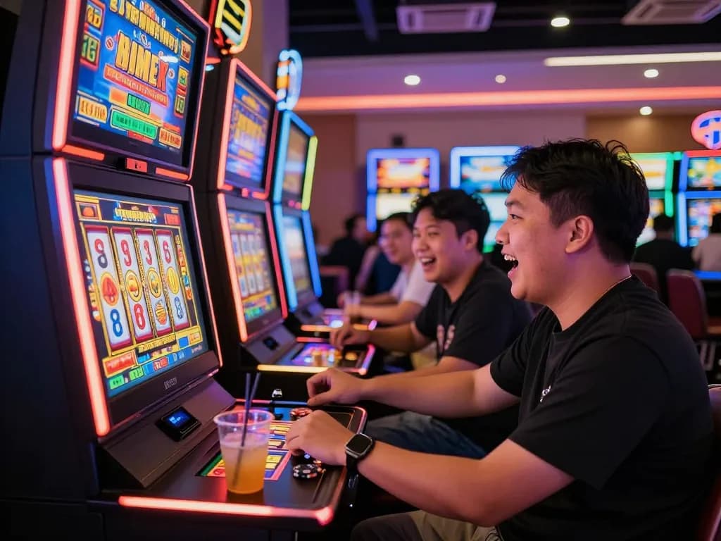 Situs slot gacor player enjoying vibrant casino gaming experience with lively atmosphere