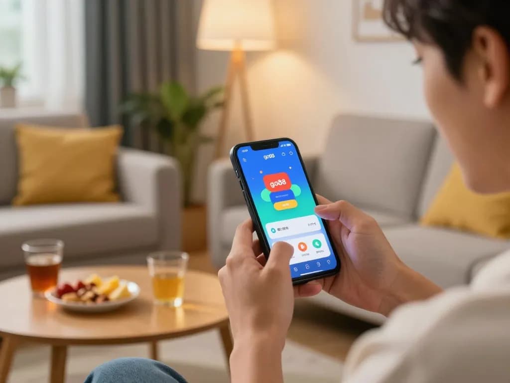 Engaged player tải go88 app on smartphone, enjoying a thrilling gaming session in a cozy home environment.