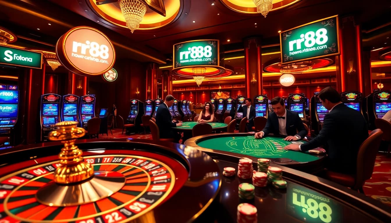 Experience thrilling games at rr88.com with luxurious casino visuals of poker, roulette, and slot machines.