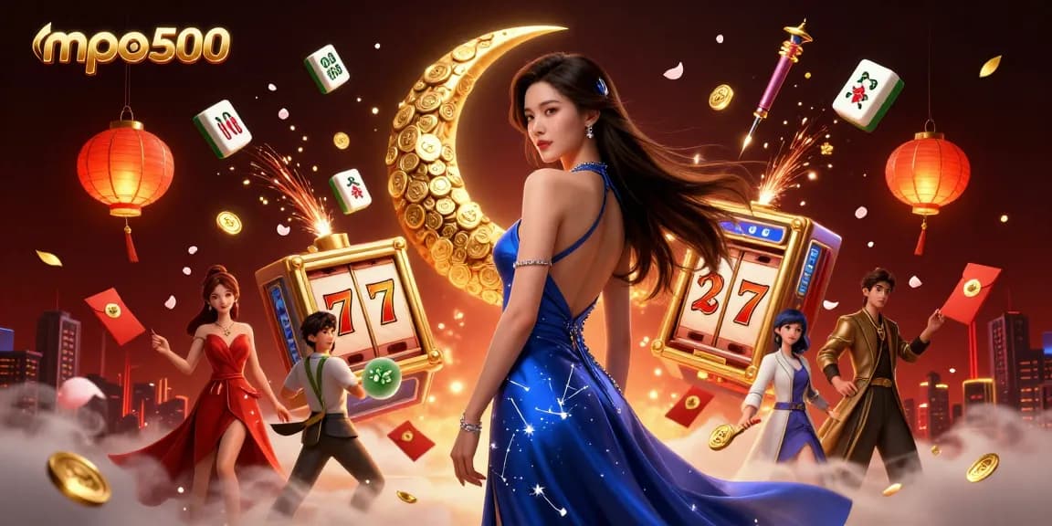 Experience thrilling wins at mpo500, featuring a glamorous Asian woman amid vibrant casino elements and lucky symbols.