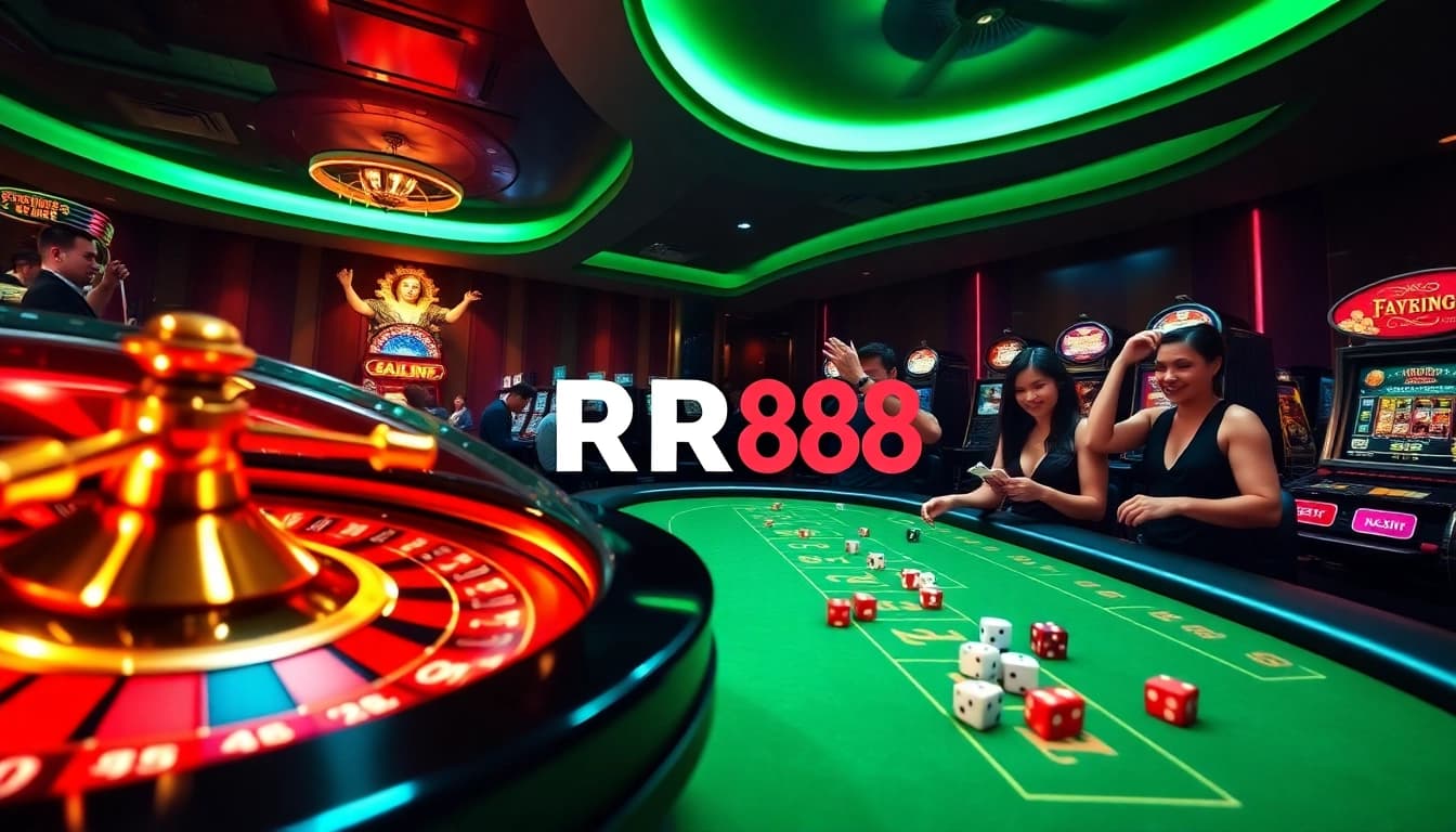 Experience the high-stakes thrill of RR88 with a lively casino scene featuring engaged gamblers and classic gaming elements.