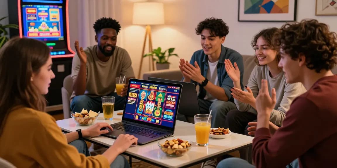 Engaging scene of friends enjoying european casinos online with snacks and drinks in a cozy setting.