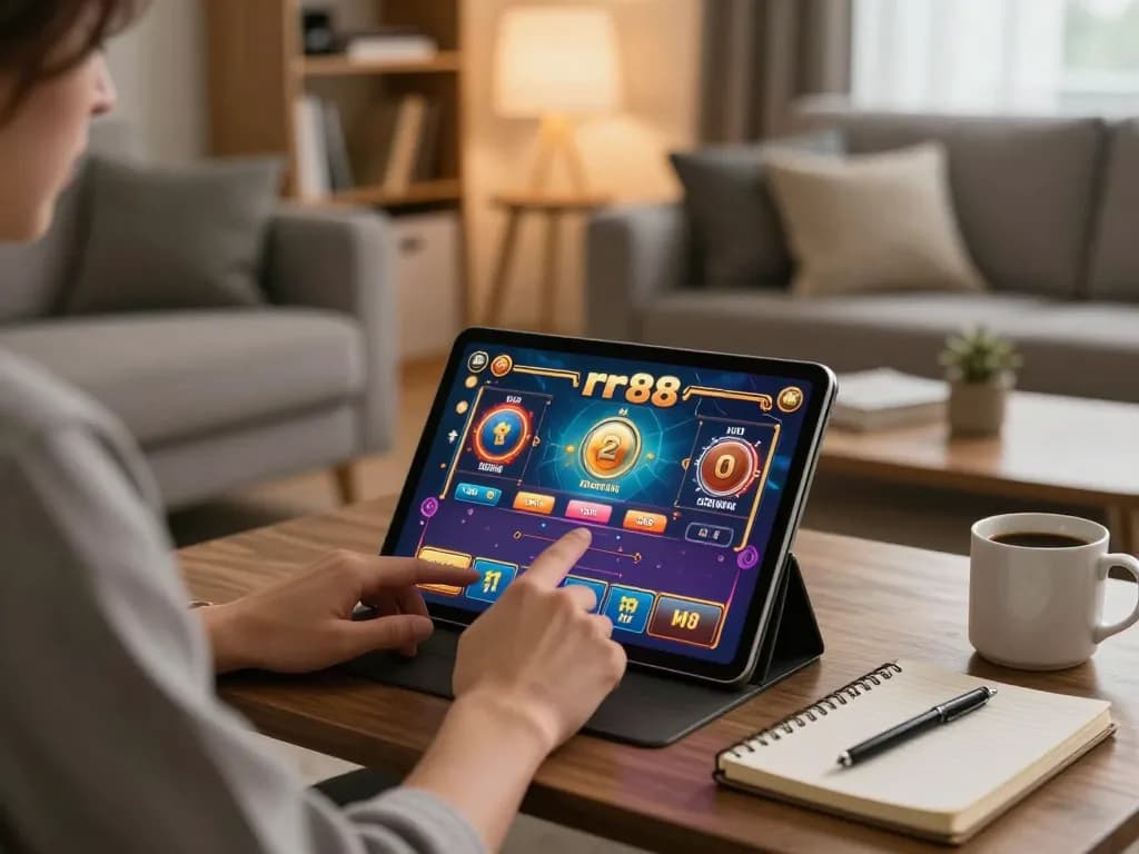 Engaging in rr88 gameplay on an elegant tablet at home, showcasing responsible gaming.