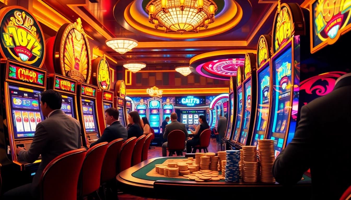 Excited players enjoying slot gacor machines in a glamorous casino atmosphere with colorful lights.