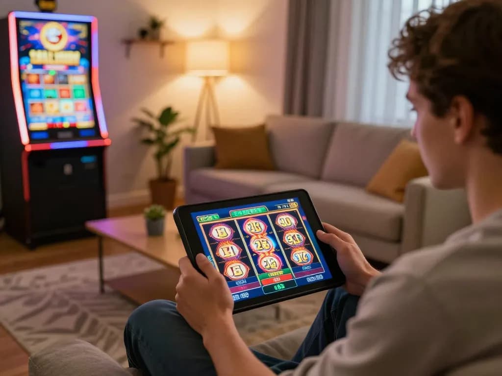 Player spins the reels on a go8 slot machine game in a cozy living room.