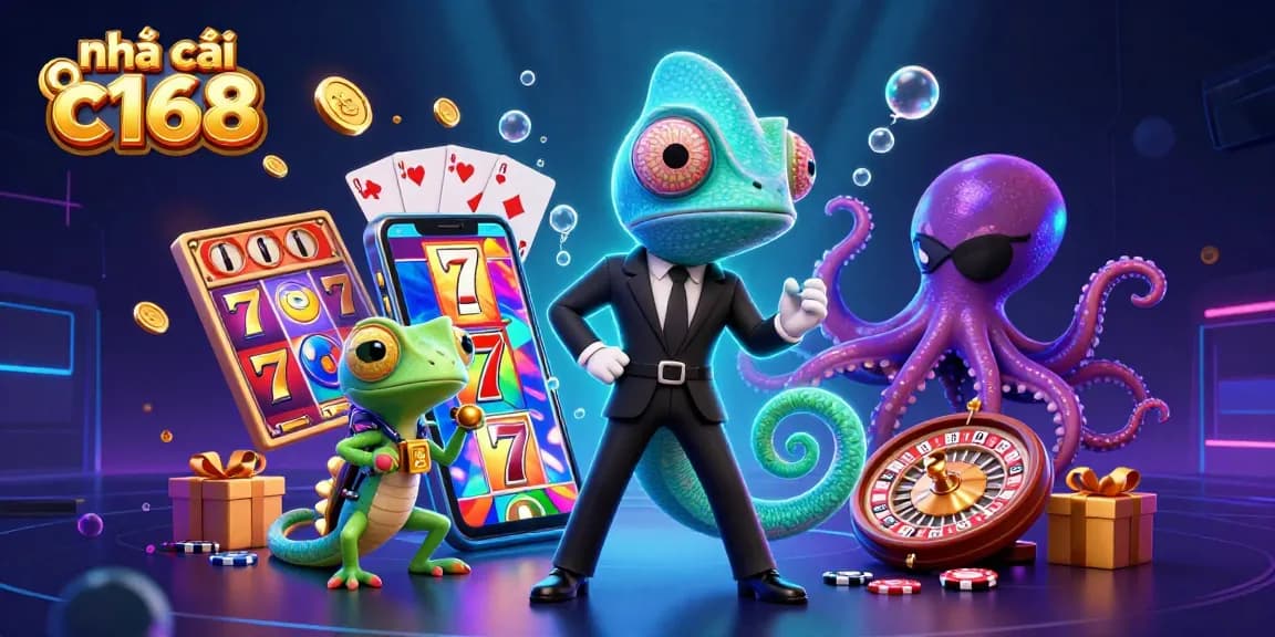 Experience the thrill at nhà cái c168 with a vibrant, dynamic casino illustration showcasing exciting slot games and action.