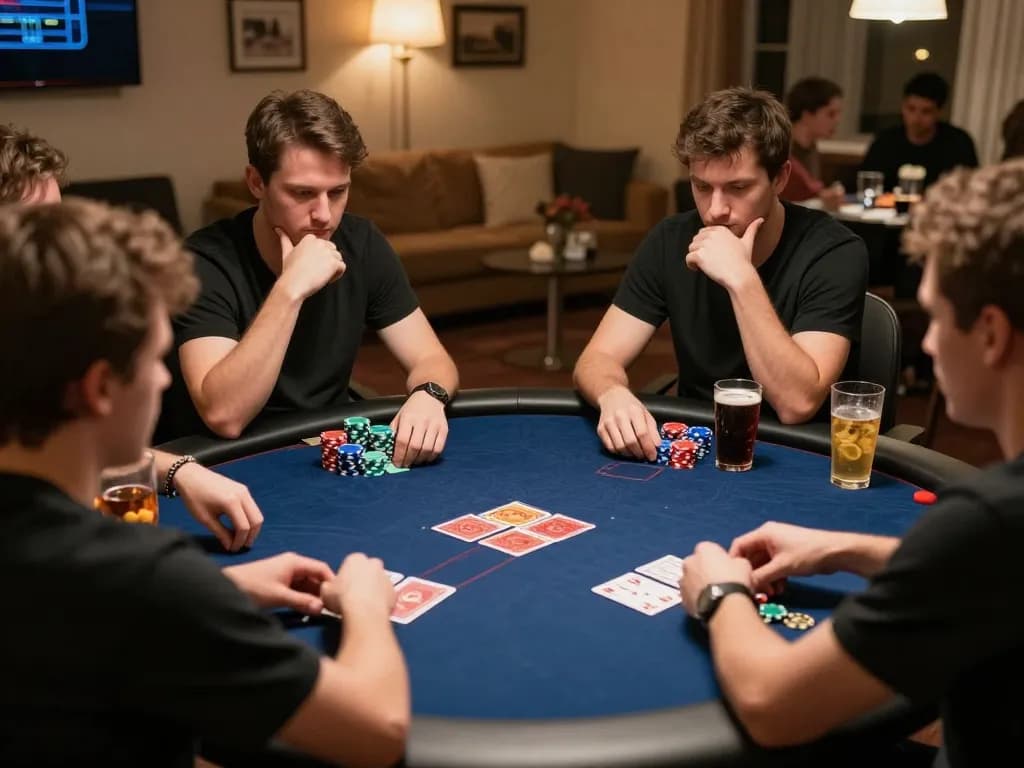 YowesJP players enjoying an immersive home poker game with chips and cards visible, ensuring strategic engagement and social interaction.