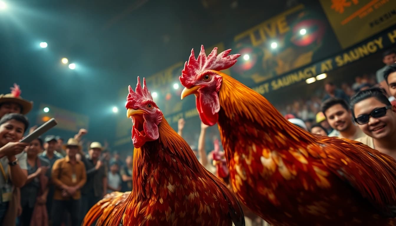 Exciting live cockfighting event at Sabong67 featuring dagatructiep 1 with roosters in action and engaged audience.
