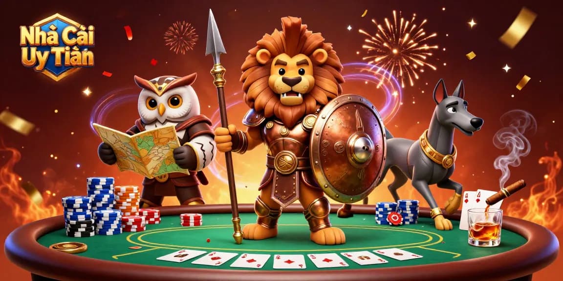 Engage with Nhà Cái Uy Tín in this vibrant 3D depiction of dynamic casino elements and characters.