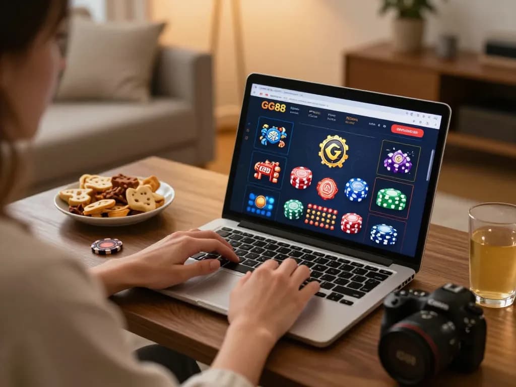 Engaging with GG88 online casino from home using a laptop, showcasing vibrant gaming interface.