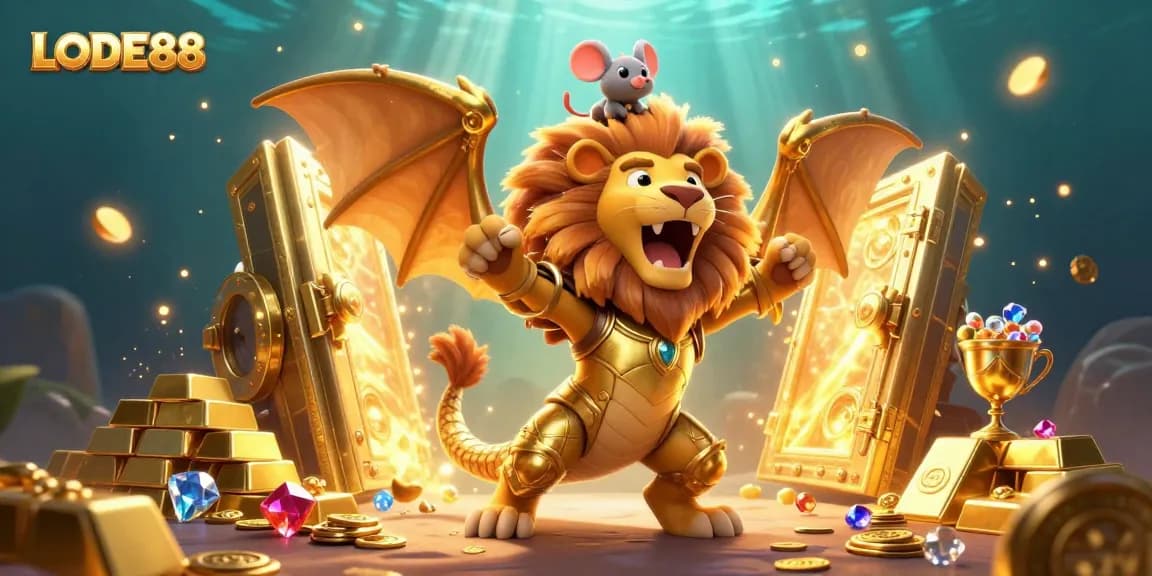 Experience explosive wins with LODE88's dynamic gaming scene featuring golden treasures and a magical chimera.