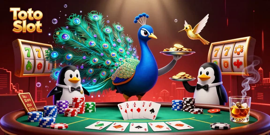 Toto Slot game scene with an aristocratic peacock, butler penguin, and hummingbird surrounded by vibrant casino elements.