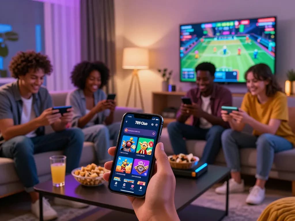 Explore the excitement of tải 789 club in a dynamic gaming scene with friends enjoying the app in a cozy living room.