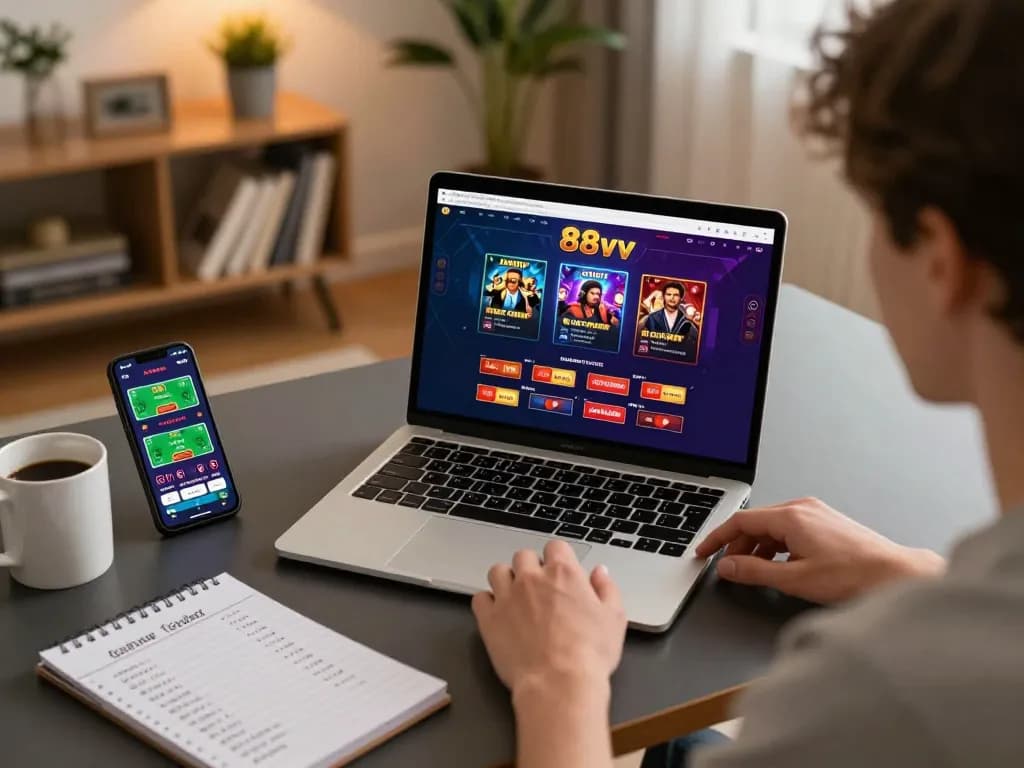 Player engaged in strategic gaming with 88vv online casino interface displayed on a laptop.