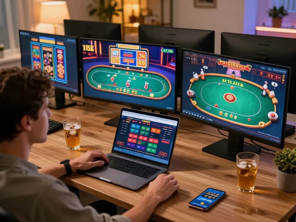Player enjoying online gaming on tg88 with multiple screens and ambient home office lighting.