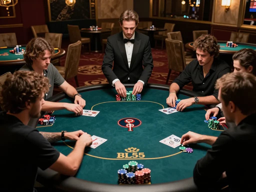 Players engaging in strategic poker at BL555 casino with elegant atmosphere and rich decor.
