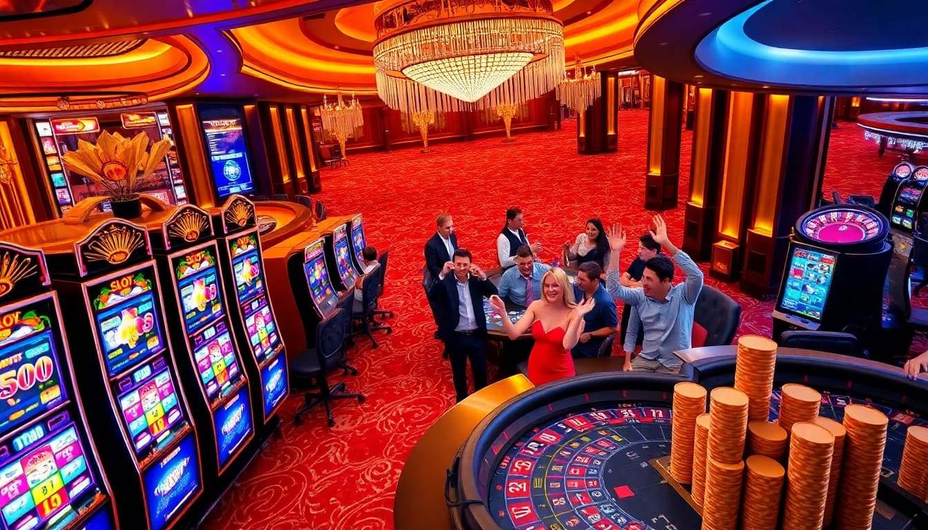 Players enjoy a thrilling moment at slot777 machines, showcasing excitement and luxury.