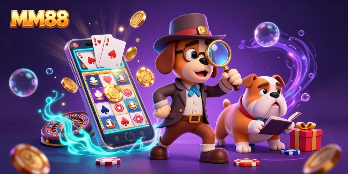 MM88 showcases a treasure hunt scene with a detective and bulldog surrounded by casino elements.