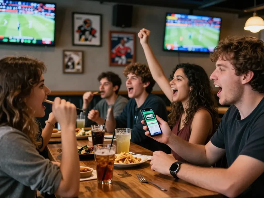 Engaging friends enjoying a sports betting experience using may88 app during live event.