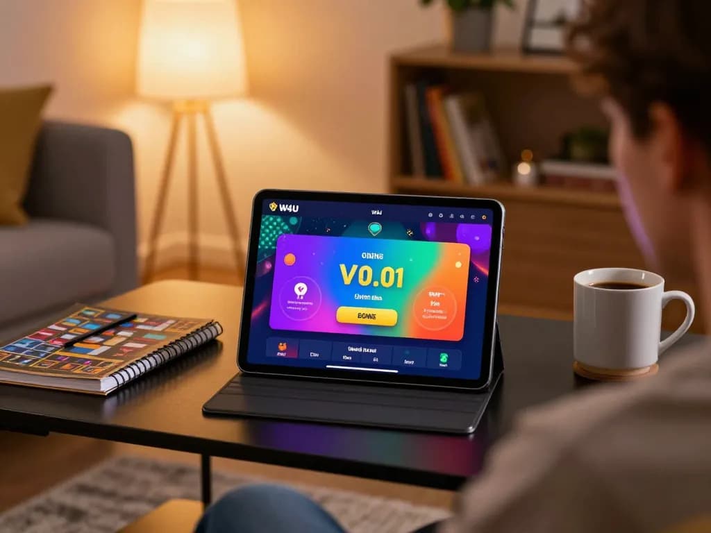 Engaging online casino gaming session using the W4U app on a tablet, cozy home setting.