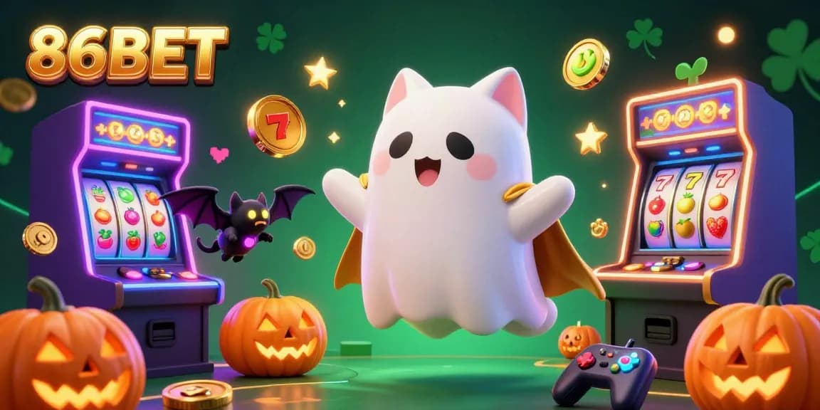 Experience the thrill of 86BET with a playful ghost cat, vibrant casino ambiance, and glowing game elements.