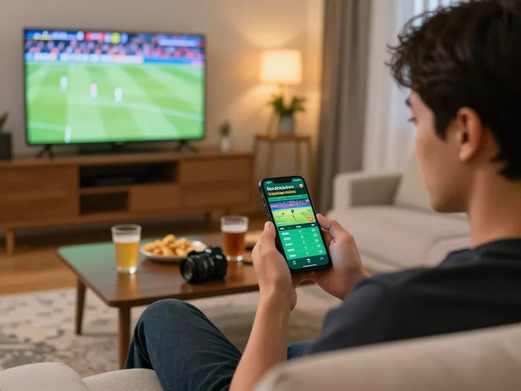 Engaging in kèo bóng đá trực tuyến with smartphone while analyzing live sportsbook odds in a cozy home setting