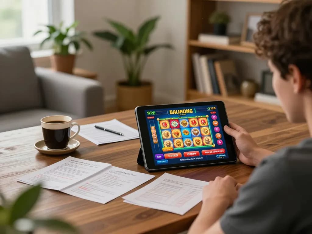 Engaging with situs slot mahjong on tablet while enjoying a cozy home betting atmosphere