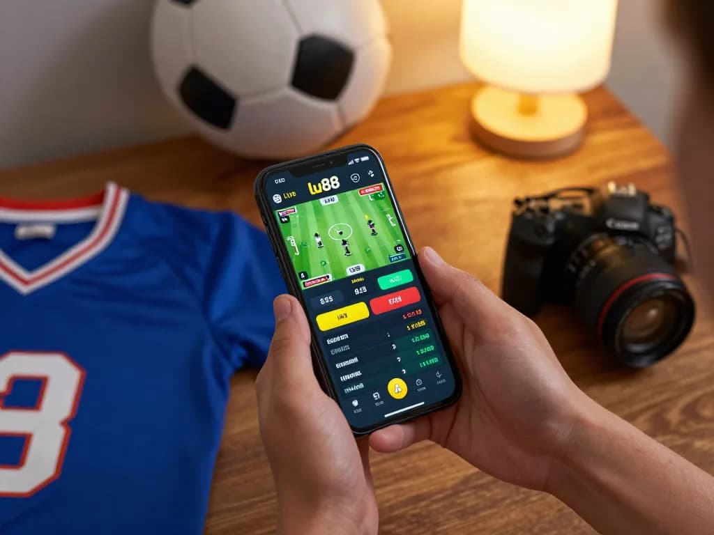 Engaging scene of sports betting via the lu88 app on a smartphone, reflecting excitement and strategy in a cozy setting.
