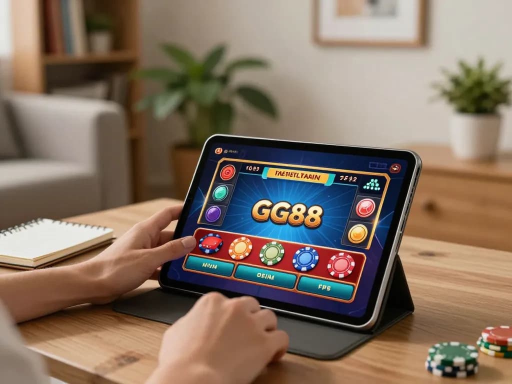 Play GG88 online casino games on tablet in a comfortable home setting with strategic notes.