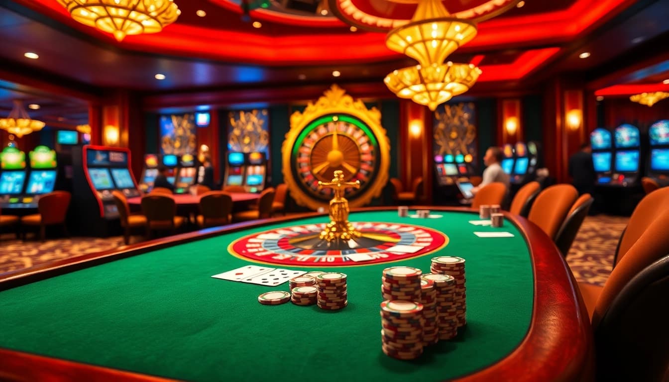 Experience king88 excitement with vibrant casino tables, chips, and roulette wheels in a luxurious setting.