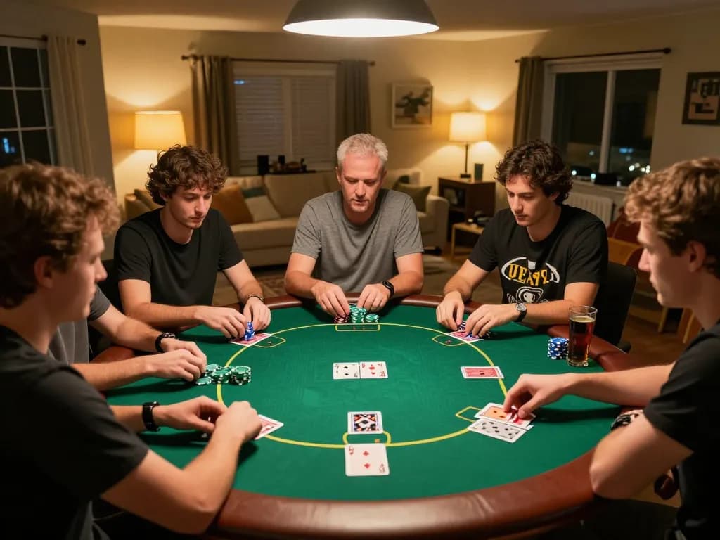 Engaged friends playing poker during a cozy home game night at 23win, showcasing strategy and camaraderie.