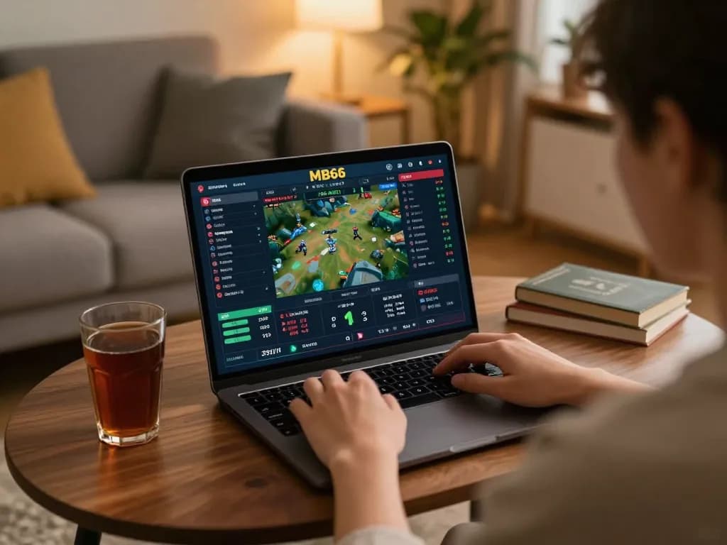 Person betting on MB66 from a cozy home, showcasing online casino interface and vibrant living space.