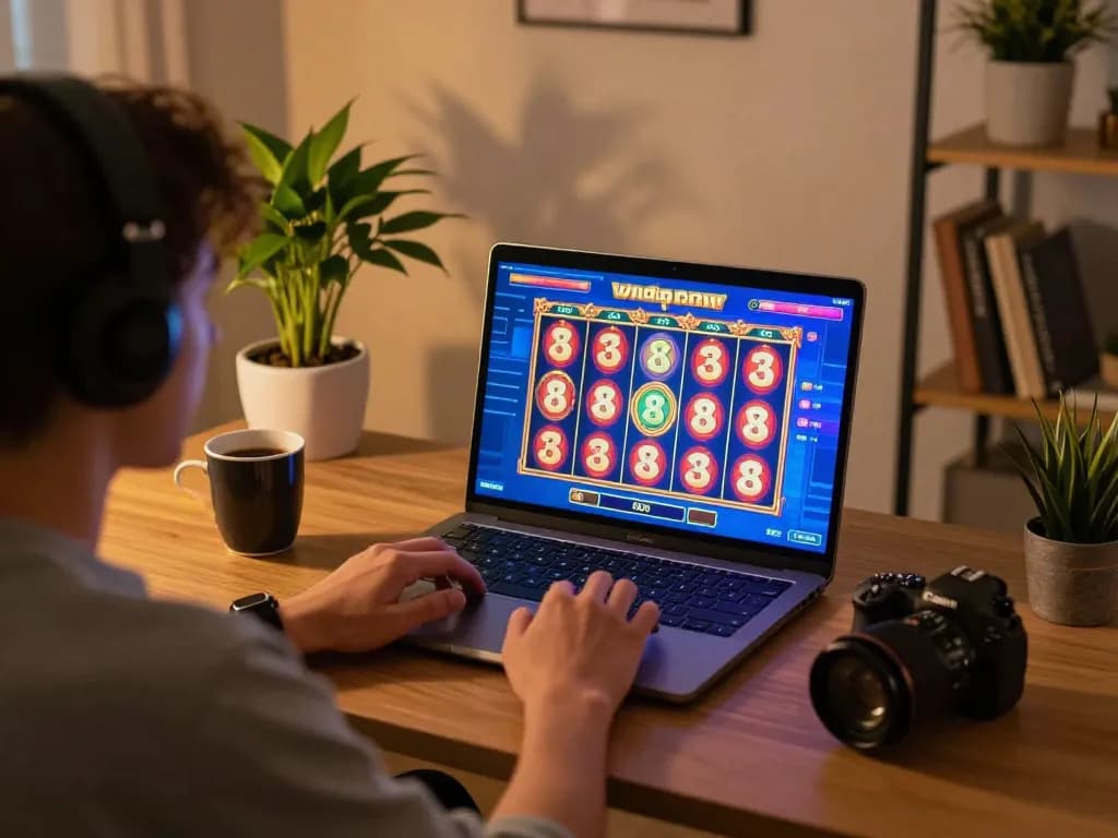 spinadvisor engaging in online slot games with vibrant graphics at cozy home desk setup